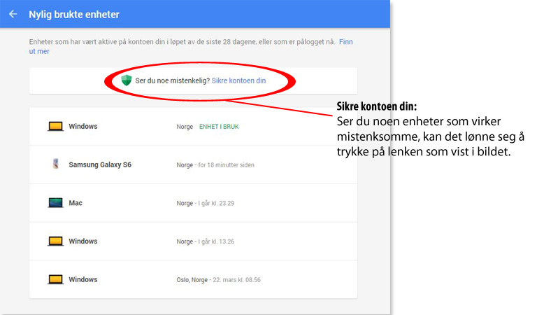 I dette tilfellet er det seks enheter som er koblet til Google-kontoen vist på bildet. Samtlige enheter er sett på som trygge hos vedkommende, og kan derfor bare stå som de gjør. Foto: Skjermdump.